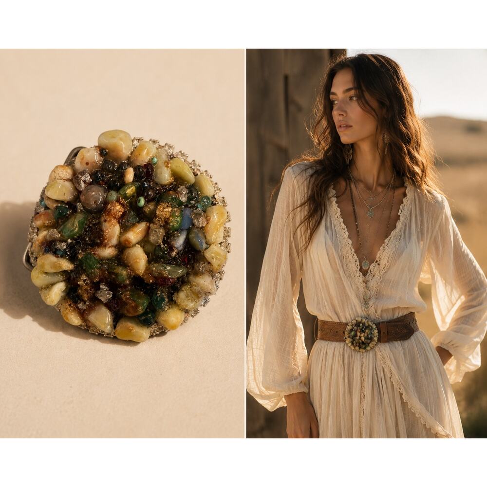 NWOT Tiffany‎ Lee Designs Handmade Jade Stone Swarovski Buckle Boho Y2K